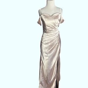 NWT Elegant Champagne Satin Off-Shoulder Evening Dress with small train